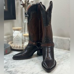 Dan Post Cowboy Boots Chocolate Brown and Cognac w/ Riding Straps and Hardware
